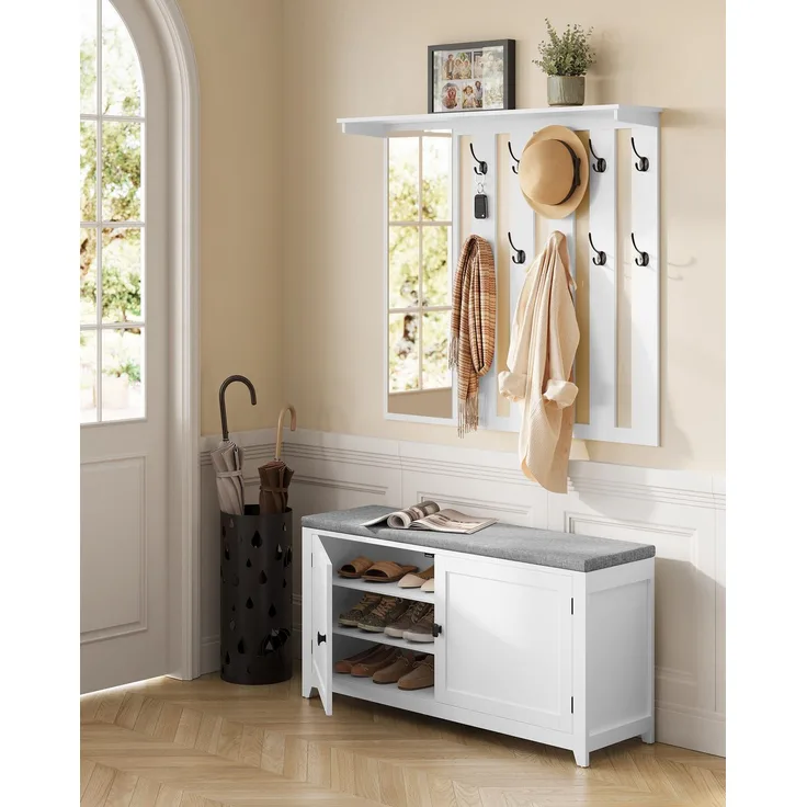 Schuhbank Wandgarderobe Set, Garderobe mit Spiegel, 10 Doppelhaken
