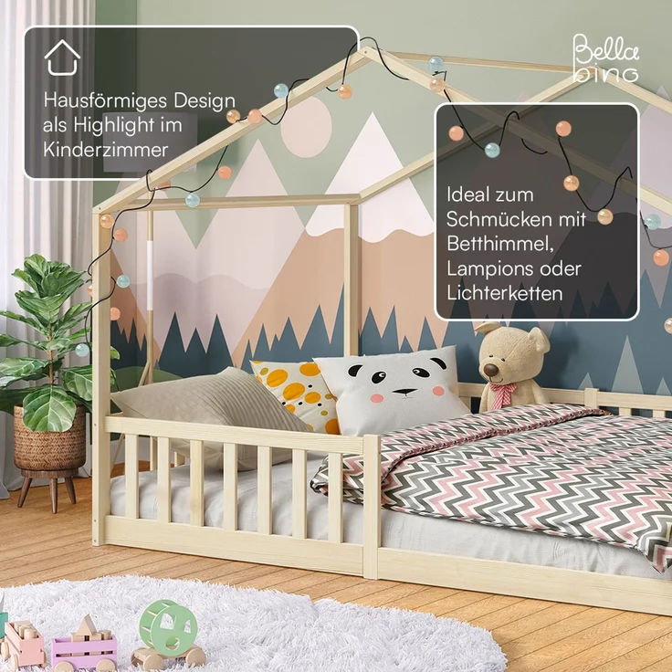 Bellabino 'Bia' Hausbett 140x200 cm, natur, Kiefer Massivholz, Bodenbett in Hausoptik, Montessori Kinderbett mit Rausfallschutz und Lattenrost – Bild 8