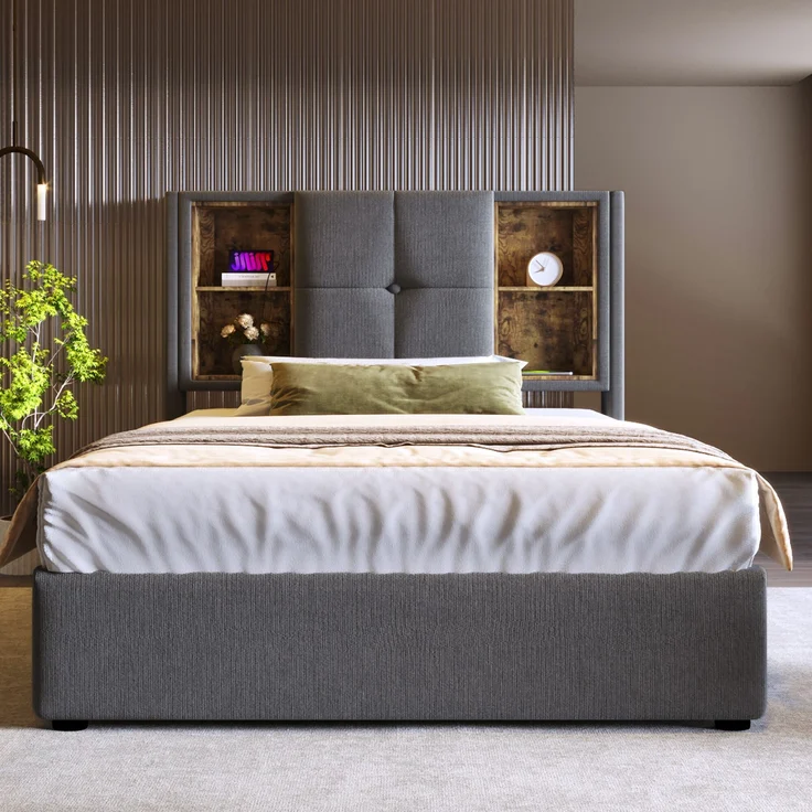 Einzelbett Polsterbett Baumwolle mit Stauraum & USB-Anschluss, 95x206x100,5 cm, Grau, ohne Matratze – Bild 5