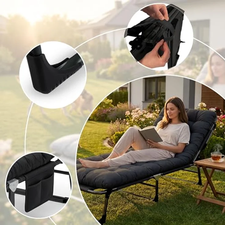 Sofotel Klappbares Gästebett und Sonnenliege mit Matratze und Kissen - 5-stufig verstellbare Gartenliege - für Schlaf und Entspannung - 193 x 67 x 40-75,5 cm - für Camping, Garten und Gäste - Schwarz – Bild 8