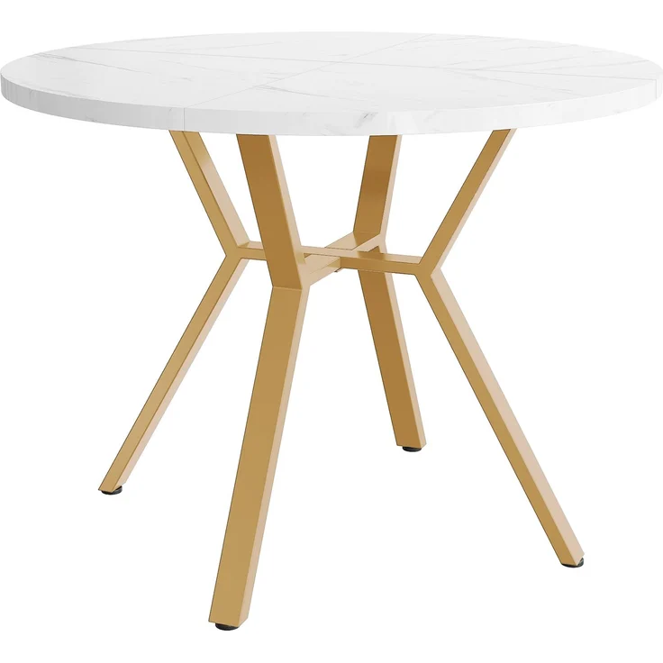 Moderner und schlichter runder Marmor-Esstisch (Durchmesser 1 m), goldener X-förmiger Couchtisch mit Metallhalterung, stabil und langlebig, ein Muss für modische Häuser – Bild 9