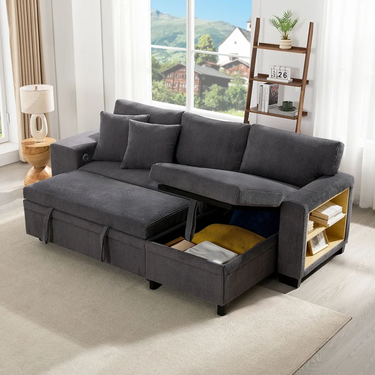 Merax Klappsofa mit Schlaffunktion, L-förmiges umbaubares Ecksofa mit USB-Ladeanschluss und Kissen, 3-Sitzer-Umbausofa mit Seitenablagen und Stauraum, Grau – Bild 5