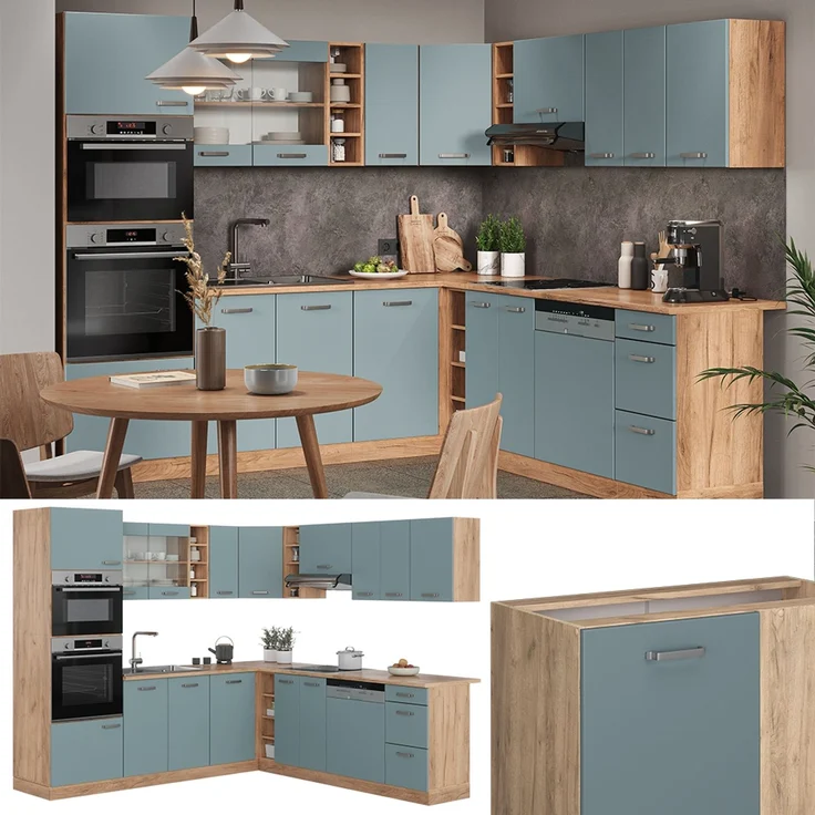 Eckküche R-Line Blau-Grau/Goldkraft Eiche 247 x 237 cm, AP Marmor Vicco – Bild 2