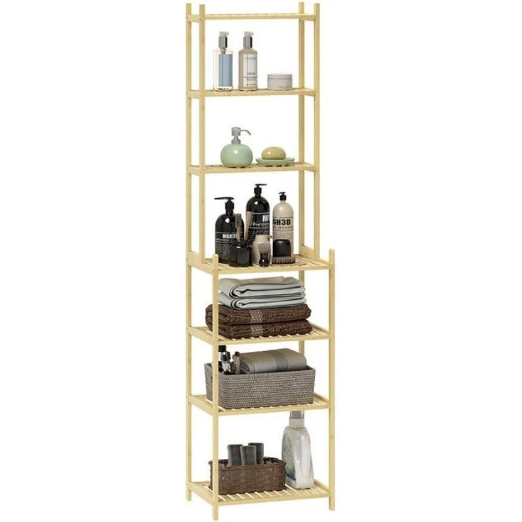 HOMCOM Badregal Badezimmerregal mit 7 Ebenen, Standregal, Aufbewahrungsregal aus Bambus 1-tlg, für Wohnzimmer, Badezimmer, Natur, 44 x 33 x 180 cm – Bild 4