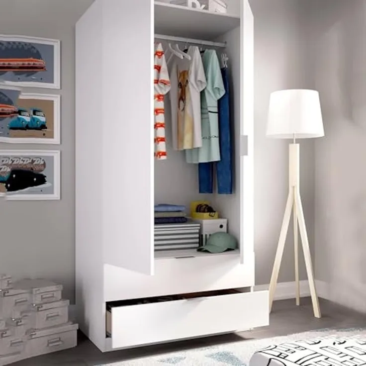 Dmora - Garderobe Burbank, Schlafzimmerschrank mit 2 Türen und 2 Schubladen, Schlafzimmermöbel mit Kleiderstange, cm 81x52h180, Weiß