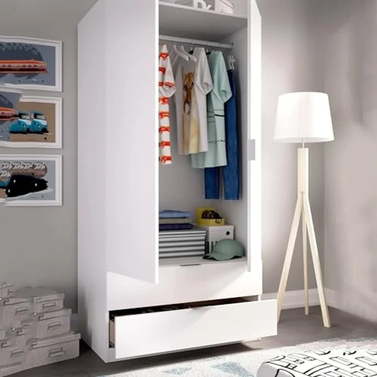 Dmora - Garderobe Burbank, Schlafzimmerschrank mit 2 Türen und 2 Schubladen, Schlafzimmermöbel mit Kleiderstange, cm 81x52h180, Weiß – Bild 1