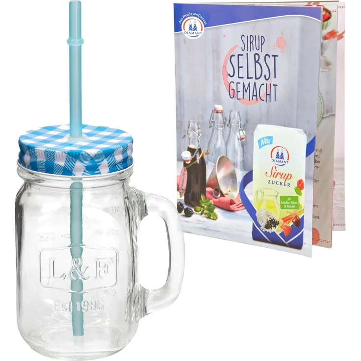 Glasbecher mit Henkel, Deckel und Trinkhalm inkl. Rezeptheft - blau kariert - 0,5 Liter Trinkbecher / Trinkglas mit Relief