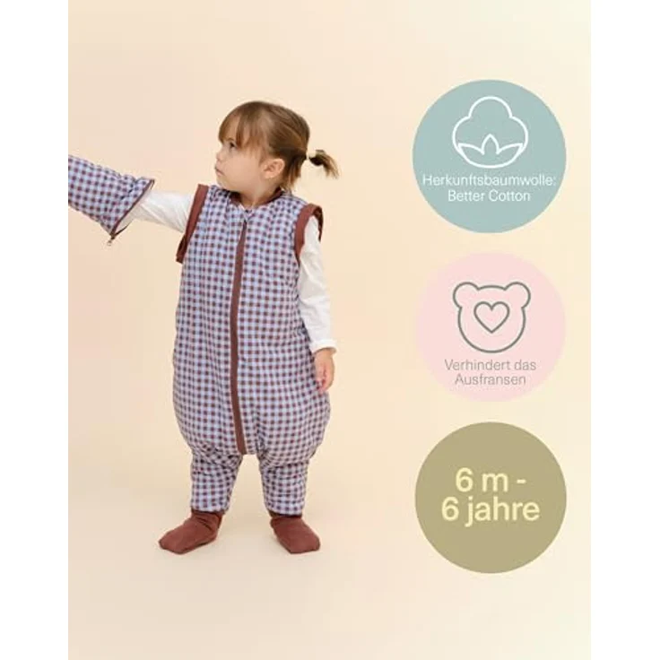 molis&co. Baby-Schlafsack mit Füßen, abnehmbare Ärmel und Socken. 2.5 TOG. Ideal für die Übergangszeit und den Winter. 100% Baumwolle (Oeko-TEX 100). (Vichy Brown&Blue, 90 cm (3 Jahre)) – Bild 5