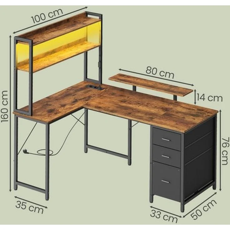 VASAGLE L-Form Schreibtisch mit LED-Beleuchtung, Steckdosen und 3 Schubladen, 140 x 100 x 150 cm, Vintagebraun – Bild 5