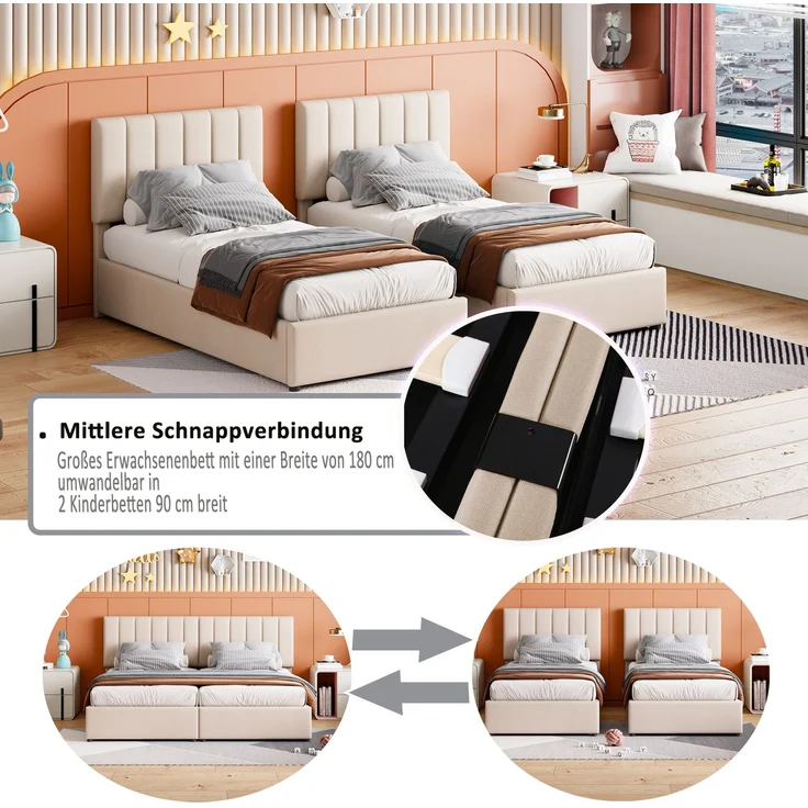 Polsterbett 180x200 mit hydraulischem Stauraum, 2-in-1 Doppelbett zu Einzelbetten umbaubar, verstellbares Kopfteil, Leinenbezug – Bild 4