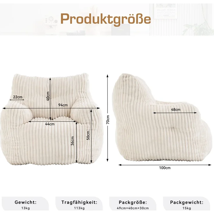 Sitzsack 100 x 94 x 70 cm mit Cord-Bezug und Memory-Schaumstoff-Füllung, Beige – Bild 4