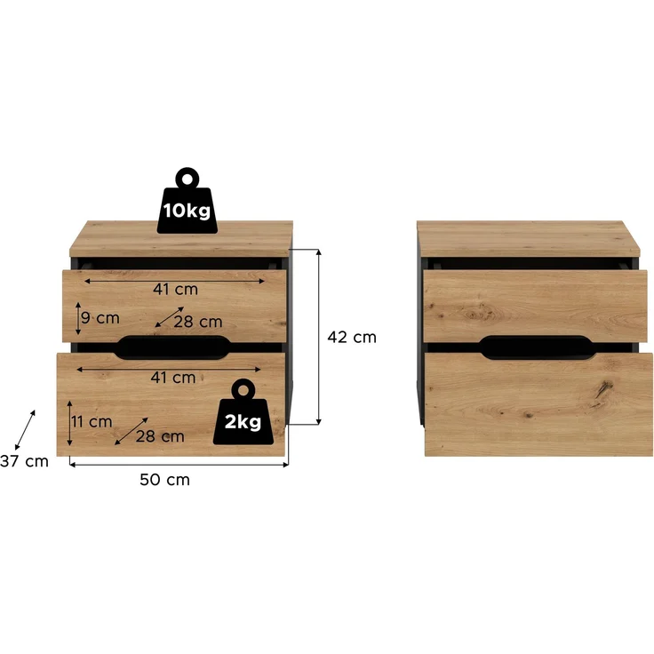 Nachttisch Sova 2er-Set – Eiche-Optik & Schwarz, 50x42x37 cm, mit Stauraum & Schublade – Bild 3