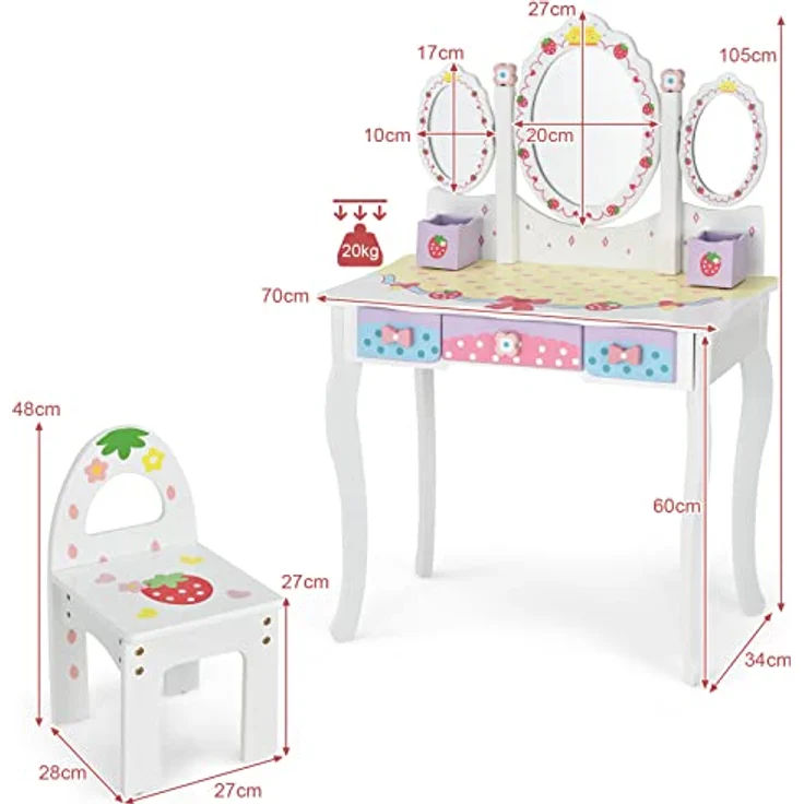 COSTWAY Kinder Schminktisch Set, Prinzessin Frisiertisch mit Klappbarem Spiegel, Schminkhocker und 3 Schubladen, Make-up Schminktisch Frisierkommode für Kinder Mädchen (Weiß) – Bild 7