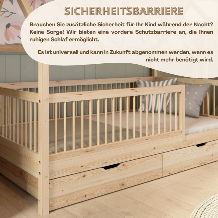 Crazy Pine 'Crazy Folly+' Hausbett mit hohem Rausfallschutz, Holz natur, 90x200 cm, mit Schublade – Bild 7