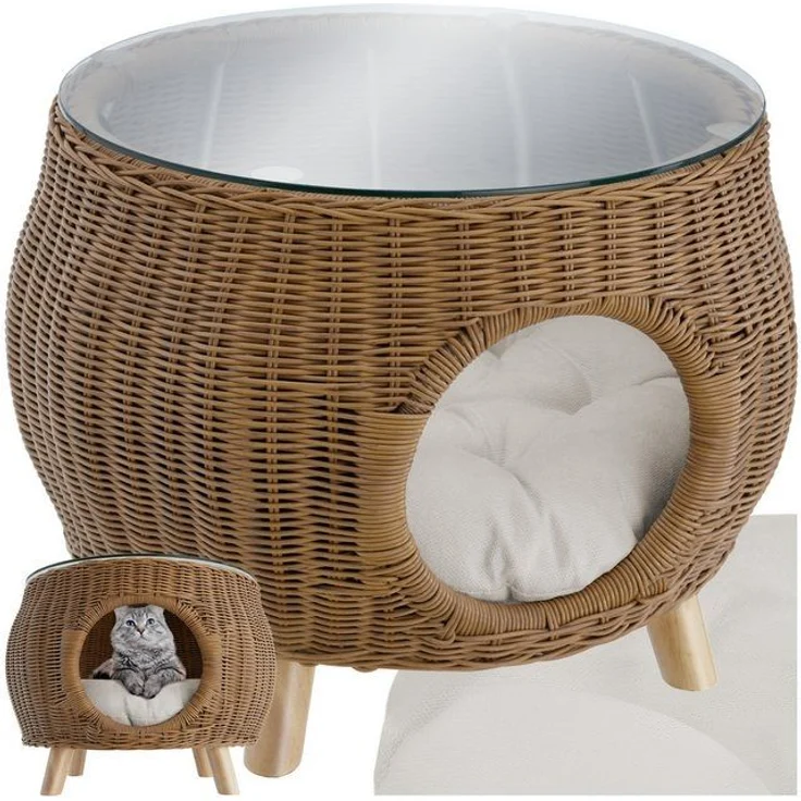 tectake Couchtisch Tivoli Sofatisch aus Polyrattan - integriertes Haustierbett (1-St, 2 tlg), Stilvoller Couchtisch vereint Haustierbett mit Rattan-Geflecht – Bild 4