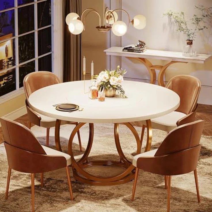 LITTLE TREE Esstisch Rund, moderner 120cm Küchentisch für 4-6 Personen, Couchtisch Beistelltisch mit 2 Ebenen & Metallrahmen für Wohnzimmer, Esszimmer und Küche, Weiß/Gold – Bild 7