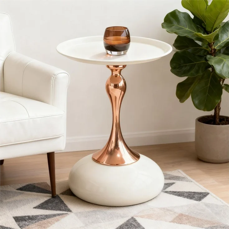 HAUSS SPOLE Couchtisch für das Wohnzimmer,Endtisch Beistelltisch mit Metallbasis,Weiß+Gold (Tisch mit runder Ablagefläche und kompakter Bauweise für flexible Platzierung im Innenbereich) – Bild 1