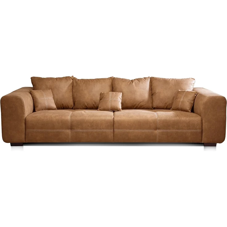 CAVADORE Big Sofa Mavericco / XXL Polstercouch im modernen Design in Lederoptik / Inklusive Rückenkissen und Zierkissen / 287 x 69 x 108 cm (BxHxT) / Mikrofaser Cognac