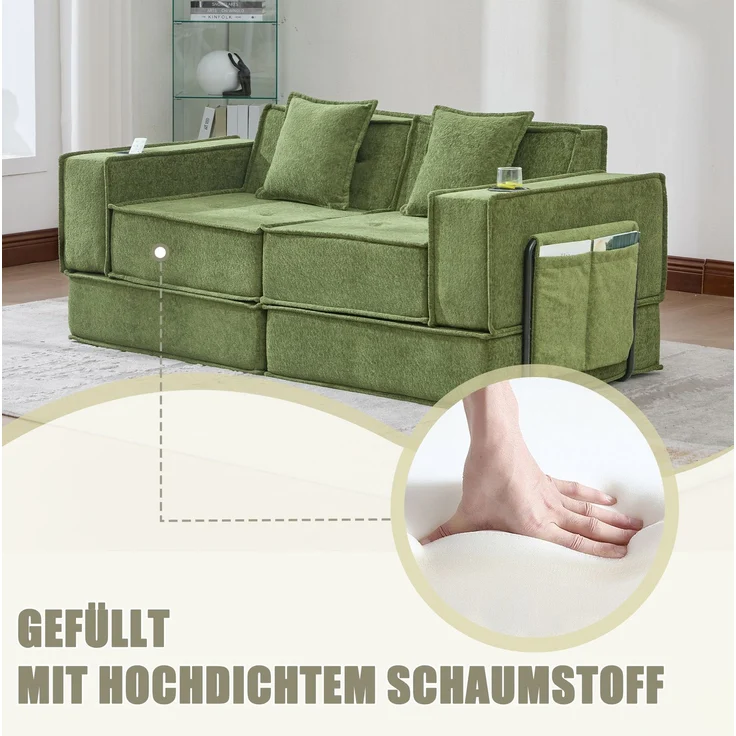 2-Sitzer-Sofa, Chenille mit Seitentaschen & 2 Kissen, 162x78x66 cm, Grün – Bild 6