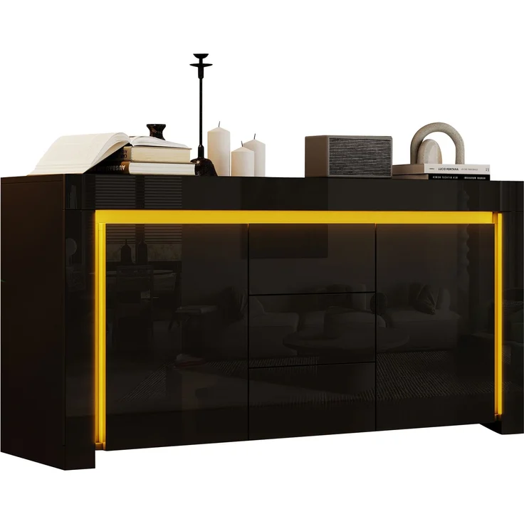 Merax 140*40*65cm Wohnzimmerschrank, Kommode mit 3 Schubladen, 2 Türen, Breite 140 cm, Hochglanz Beistellschrank mit LED-Lichtleiste, Sideboard mit Stauraum, Schwarz – Bild 10