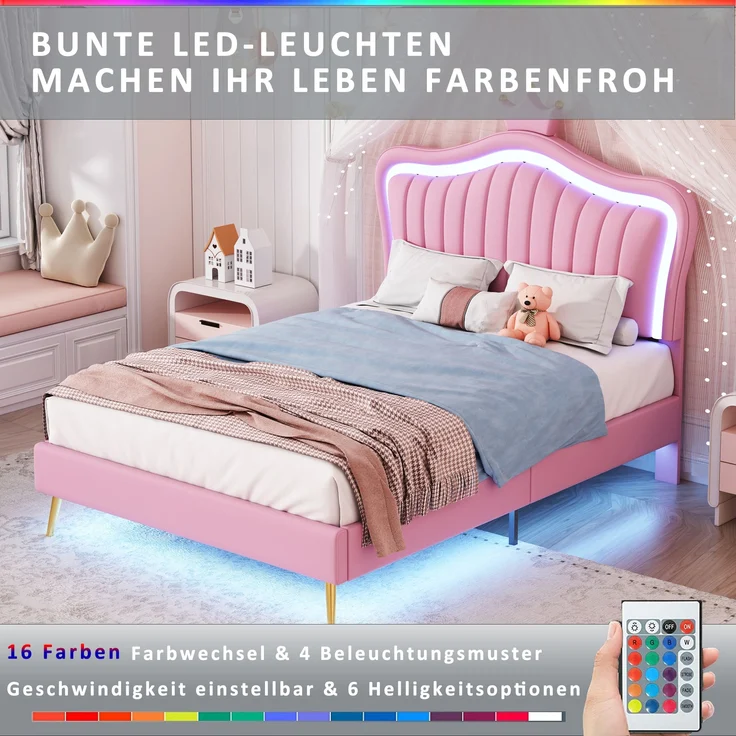 Bett 90x200 cm aus PU-Kunstleder mit LED-Leiste und verstellbarem Kopfteil – kindgerechtes Design in Pink – Bild 4
