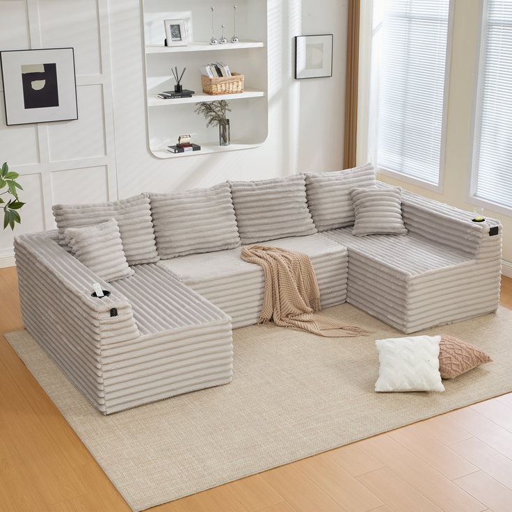 U-förmige Cord-Wohnlandschaft 320 cm mit Getränkehaltern, Seitentaschen und 6 Kissen, modulares Sofa mit Schaumstoff-Feder-Polsterung, Hellgrau – Bild 10