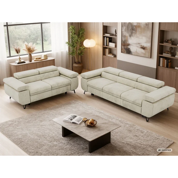 Sofagarnitur PETER 2-3 mit Schlaffunktion, verstellbare Kopfstützen und Armlehnen, freistehend, Wellenfederung, Couchgarnitur - Beige Velvet – Bild 5