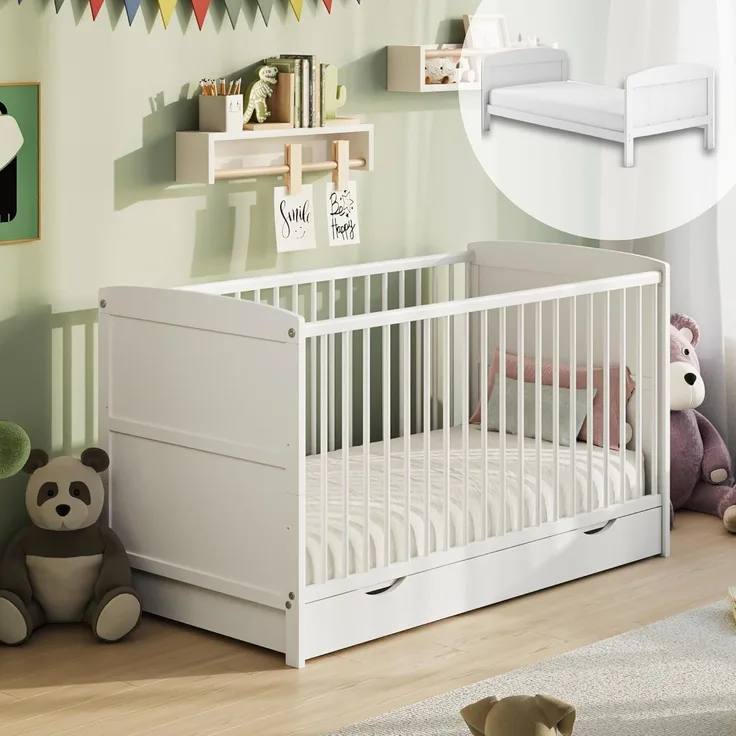 Babybett 70x140 mit Schublade, Gitterbett, Kinderbett, höhenverstellbar & herausnehmbare Sprossen optional mit Matratze | weitere Größen: 60x120cm | 70x140cm: von Geburt bis 6. Lebensjahr, Weiß