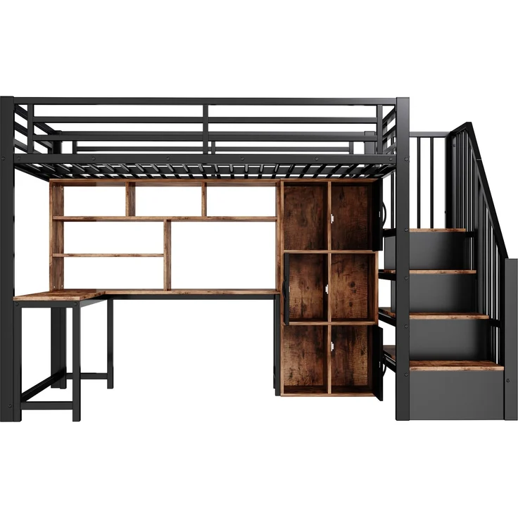 Hochbett, 90x200 cm, Metallbettgestell, Leiterschrank, Ablagefach, LED-Lichtleiste, Ohne Matratze, schwarz – Bild 10