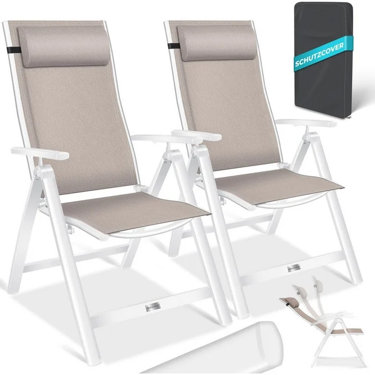 KESSER® Gartenstuhl Hochlehner mit Armlehnen | Aluminium Klappstuhl inkl. Kopfkissen Campingstuhl 7-Fach Verstellbar Rückenlehne | Atmungsaktiv & Wetterfest | Klappbar & Anti-Rutsch 2 Stück, Taupe – Bild 1