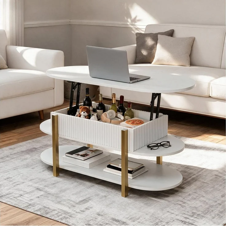 PXloue Couchtisch Schreibtisch höhenverstellbar stapelbarer Sofatisch, mit Bodenschutz (Höhenverstellbarer Wohnzimmertisch), Ausziehbarer Wohnzimmertisch Sofatisch 106x(50-63)x38 cm – Bild 1