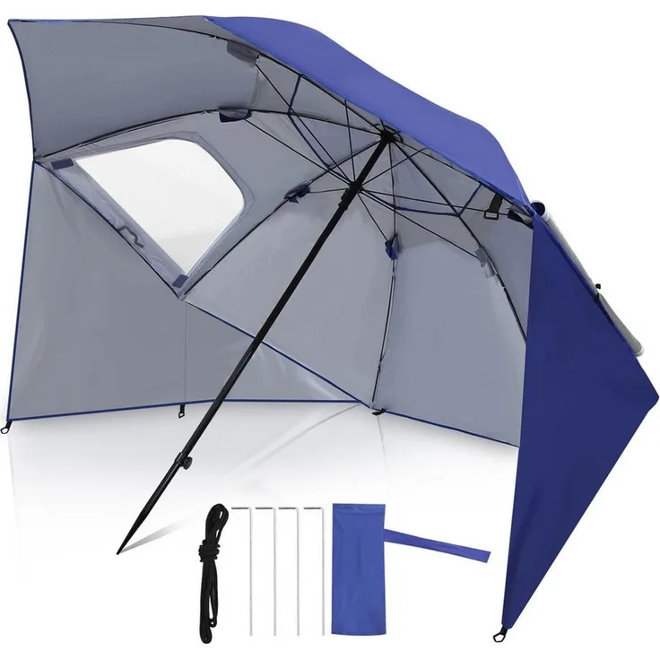 Clanmacy Sonnenschirm Strandschirm 210cm UV Schutz 50+ Neigbar Blau mit Erdspieß & Tasche, LxB: 210x200 cm, Stabiler knickbar/für Garten, Balkon, Terasse/Sonnenschutz UV50+