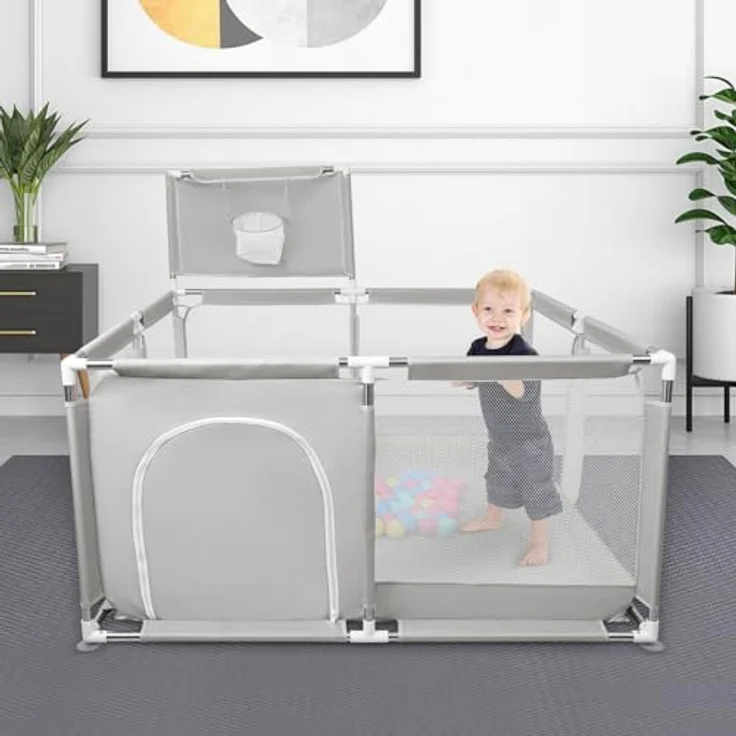Laufstall aus Oxford-Stoff für kleine Kinder mit Barrieren und 50 Bällen, Basketballgestell, 4 Saugnäpfen, 126 x 126 x 66 cm, hellgrau – Bild 9