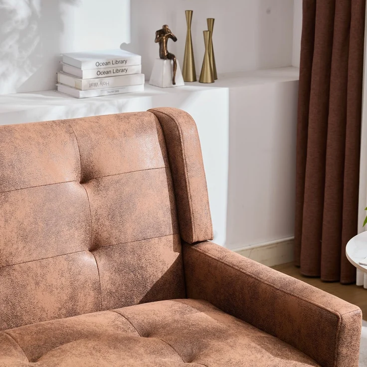 LVHOM 2-Sitzer Sofa aus Suedevlies mit Knopfsteppung, Loveseat mit hochdichter Schaumstoffpolsterung und Massivholzbeinen, Stoffsofa für Wohnzimmer & Büro, bis 260kg, Braun – Bild 3
