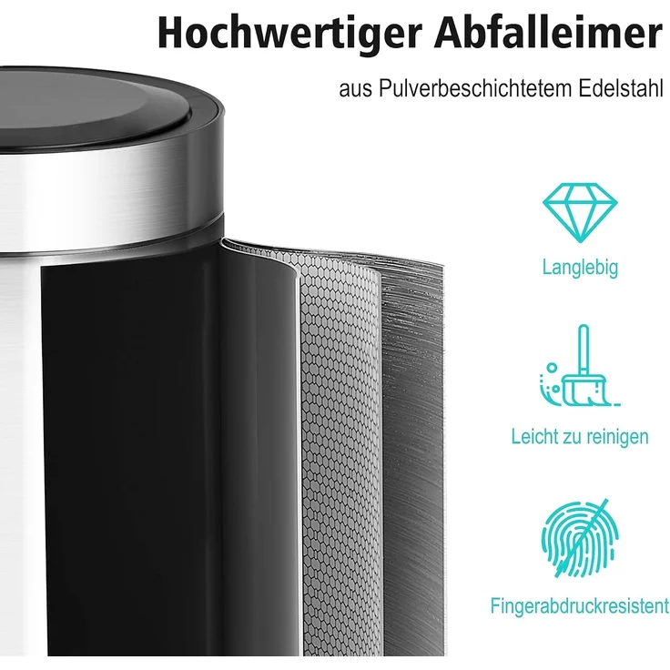 Ribelli 30L Mülleimer mit Sensor - Abfalleimer aus Edelstahl - automatisches Öffnen und Schließen - Inneneimer für Müllbeutel - abnehmbarer Deckel - mit LED-Funktionsanzeige, Matt grau – Bild 5