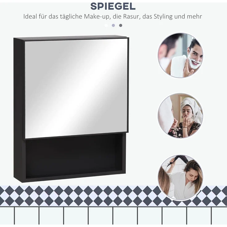 Kleankin Spiegelschrank Badezimmerschrank mit Spiegeltür 2 Innenböden und 1 offenem Regal (Badschrank, 1-St, Hängeschrank) Edelstahl, Glas, Schwarz, 46 x 13,5 x 58 cm – Bild 5