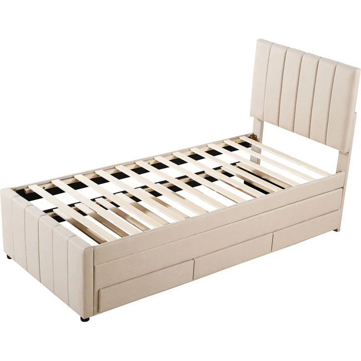Polsterbett 90x200 cm mit Rollbett und Stauraumschubladen, hautfreundliche Leinenpolsterung, flaches Einzelbett, Kinderbett, Jugendbett, Gästebett (Beige) – Bild 9
