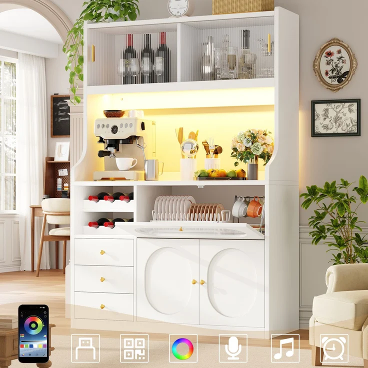 Küchenschrank 120x40x180 cm mit RGB-Beleuchtung, Glasschiebetüren, Schubladen und Weinregal – Bild 4