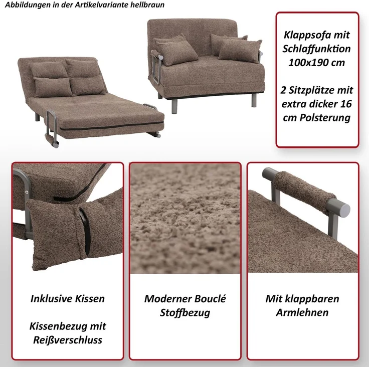Schlafsessel HWC-K29, Klappsessel Schlafsofa Gästebett, Liegefläche 190x100cm, Stoff Bouclé (500g/m²) ~ dunkelgrau – Bild 2