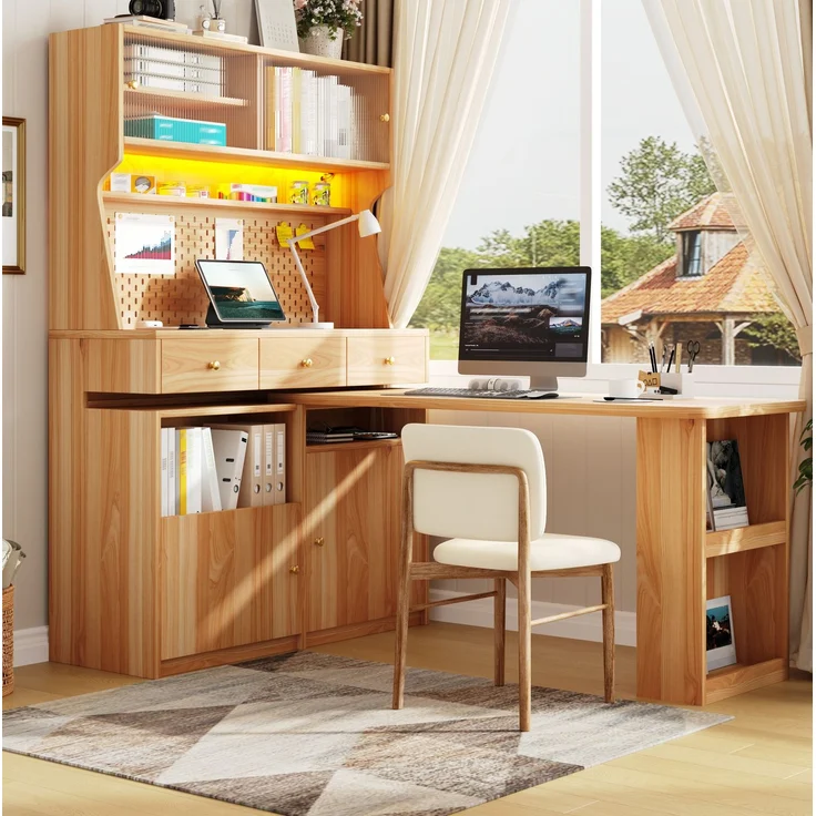 Hochschrank 137x74x177,7 cm mit Schreibtisch, LED und Glastüren – Bild 1
