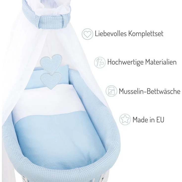 FabiMax Stubenwagen Weiß lackiert, 2 in 1 Musselin / Waffelpiqué Komplettset Blau mit Decke und Kissen – Bild 2