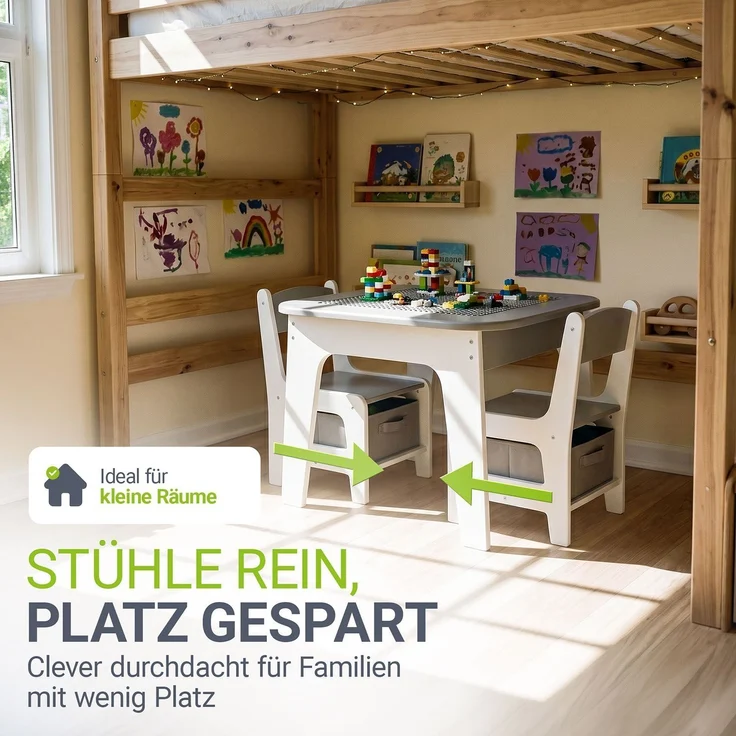 Juskys 'Milou' Kindersitzgruppe - Set mit 2 Stühlen & 1 Tisch, mit Stauraum, Holz, Grau – Bild 6