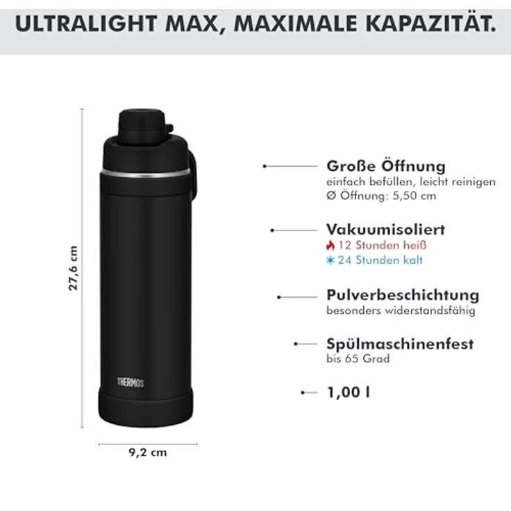 Thermos ULTRALIGHT MAX BOTTLE Trinkflasche 1 L, doppelwandige Edelstahl-Isolierung, auslaufsicher, ultraleicht, 24h kalt, 12h heiß, schwarz – Bild 3