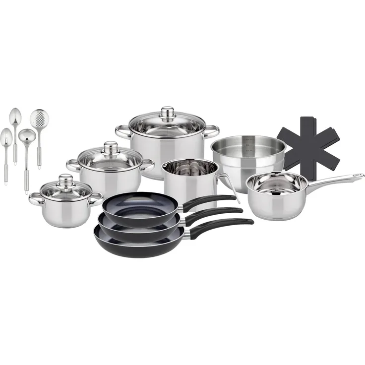 Elo Basic Topf-Set Galactica, Edelstahl 201 (Set, 18-tlg, 5 Töpfe,3 Deckel, 3 Pfannen,1 Schüssel,4 Küchenhelfer, 2 Stapelschutz), Induktion
