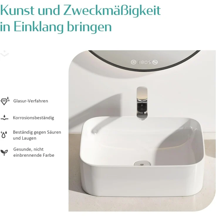 EMKE Waschbecken Aufsatzwaschbecken 50 x 38 x 15 cm, Handwaschbecken für Badezimmer & Gäste WC, Waschtisch Klein Waschbecken Bad Waschschalen Eckig Keramikwaschbecken Weiß – Bild 3