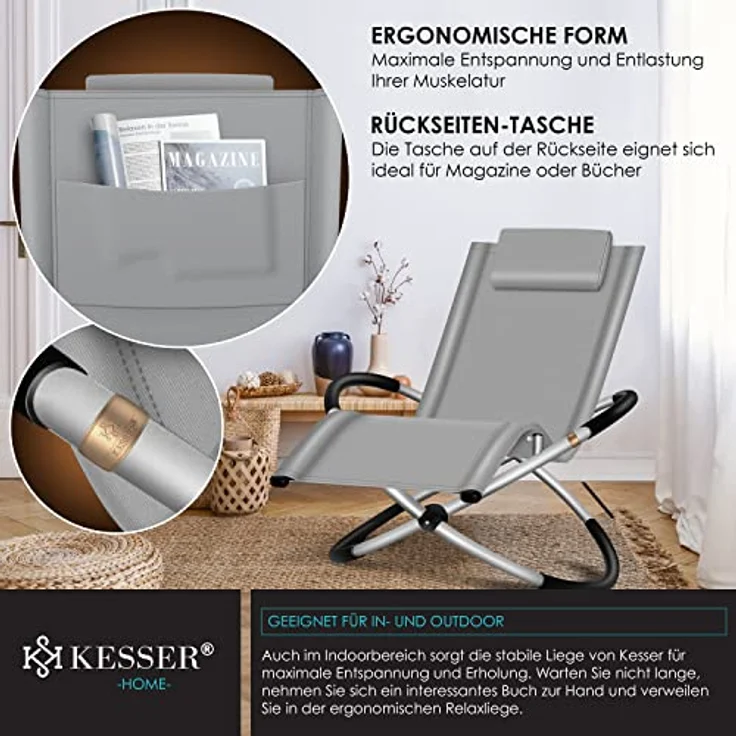 KESSER® Relaxliege Liegestuhl | Gartenliege Sonnenliege | Gartenstuhl | Klappstuhl faltbar | Schwungliege | Schaukelsessel | ergonomische Relaxsessel | wetterfest | 180 kg Belastung (Grau) – Bild 7