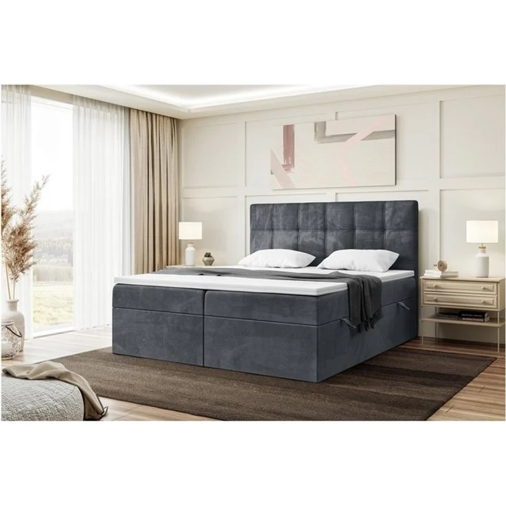 Meblini Boxspringbett mit Bettkasten, Kai 200x220 cm, H4/Dunkelgrau Samt – Bild 1