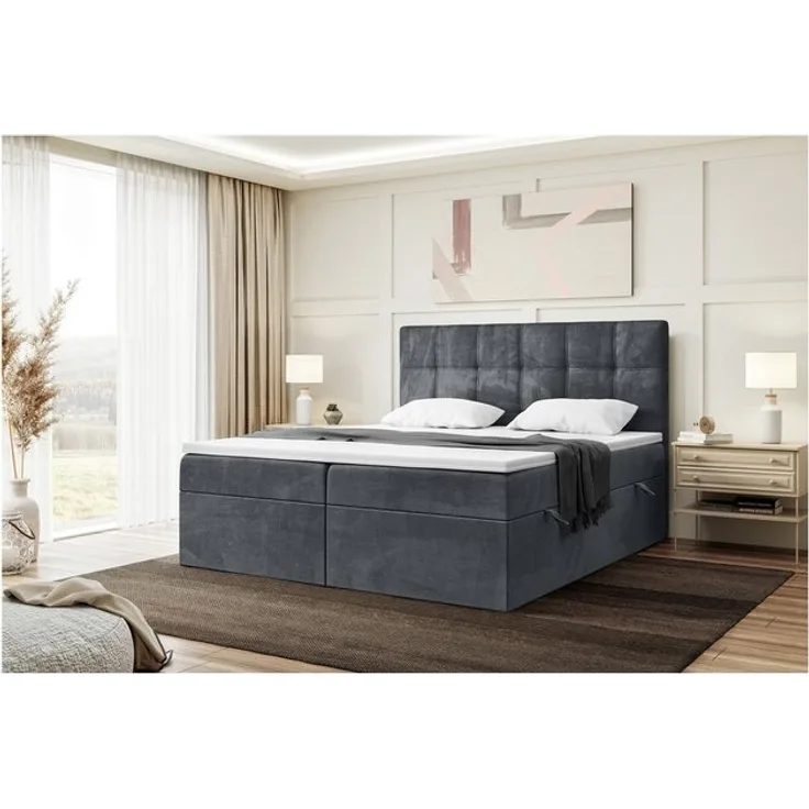 Meblini Boxspringbett mit Bettkasten, Kai 200x220 cm, H4/Dunkelgrau Samt