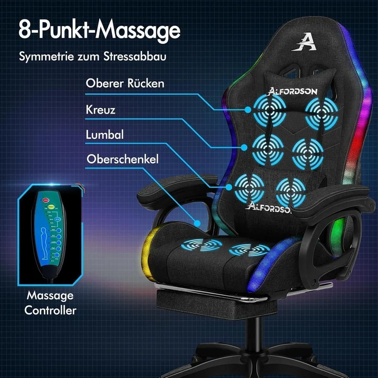 ALFORDSON Gaming Stuhl mit Massage RGB LED-Licht Ergonomisch Bürostuhl Schwarzes – Bild 3