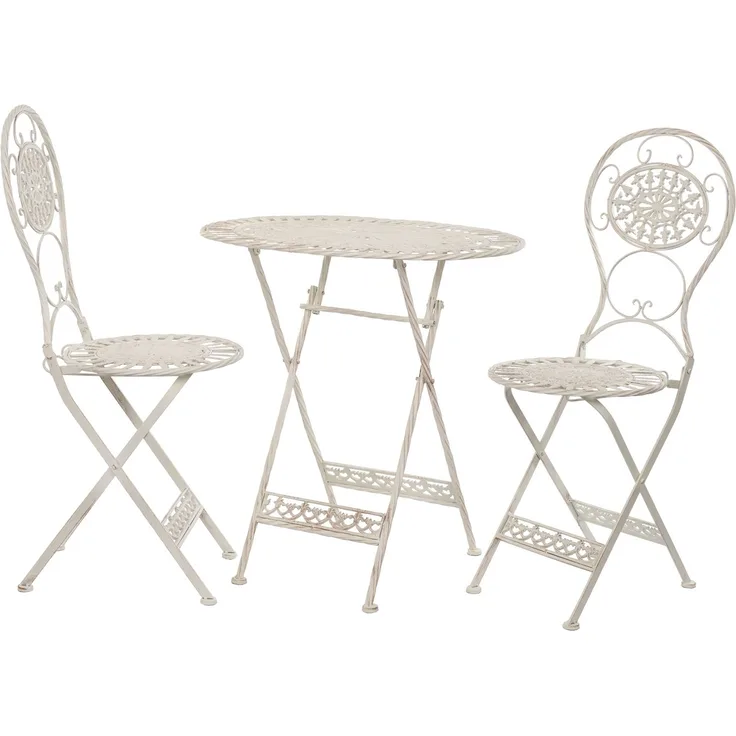Moritz Bistro Set Tisch oval + 2 Stühle weiß antik 3-teilig Sitzgruppe Balkonmöbel Gartendeko Set Bistrotisch Bistrostühle aus Gusseisen
